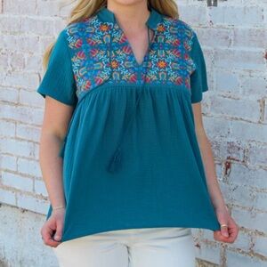 Embroidered Teal Blouse